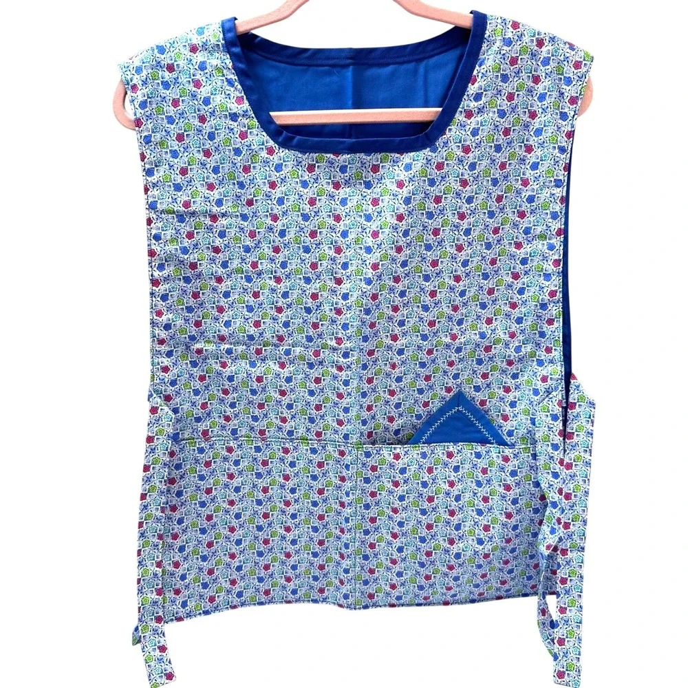Handmade Tabard Apron‎ Blue Pink Green Geometric Smock Cobbler Two Pocket Hobby
